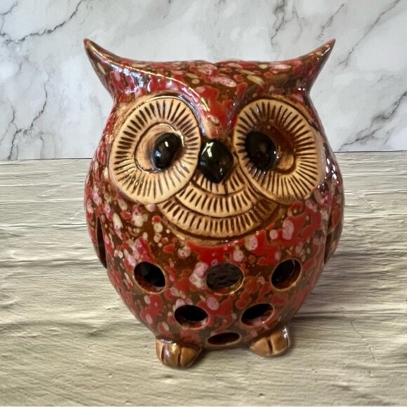 Ceramic Glazed Pottery Owl Tea Light Candle Holder - Picture 1 of 10